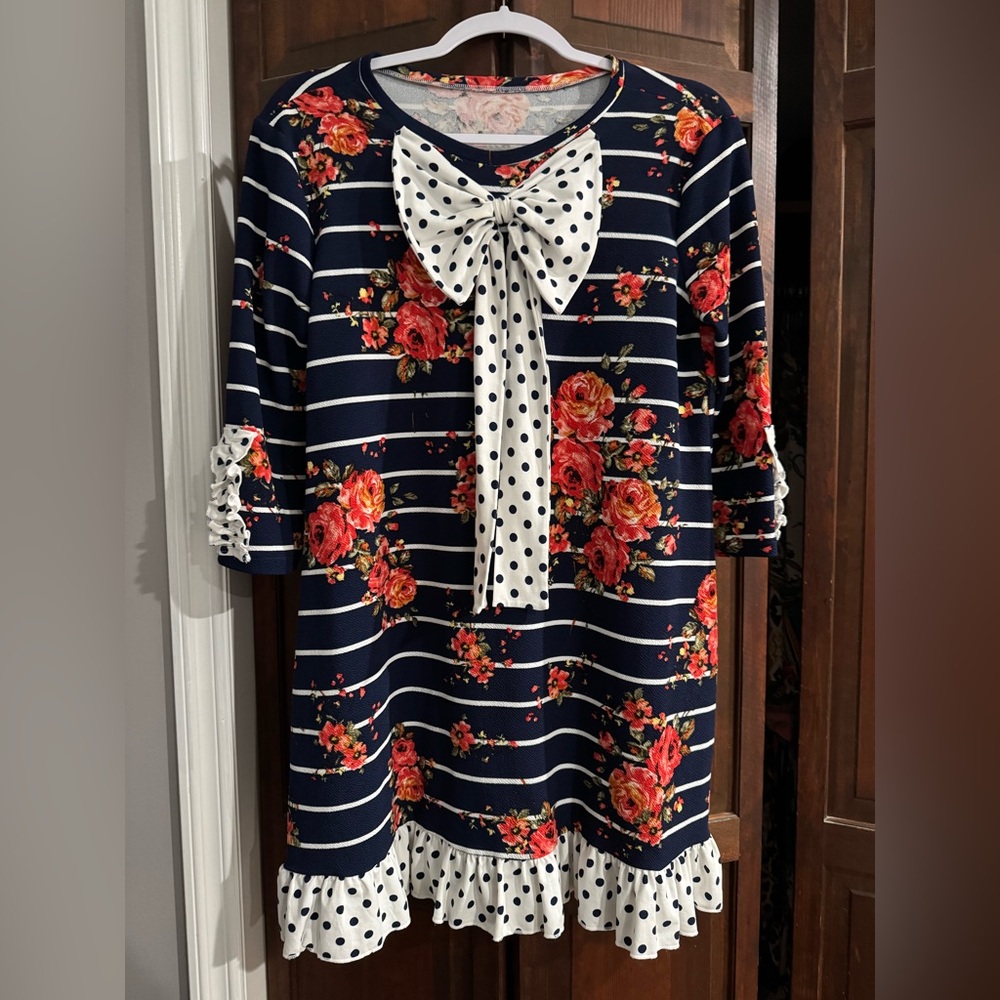 Custom- Floral Striped Dress with Polka Dot Bow